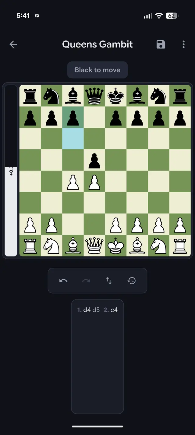 Chessmate game screen showing a Queens Gambit position with evaluation bar and move list