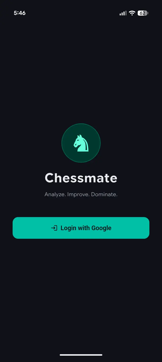 Chessmate welcome screen with knight logo and Login with Google button