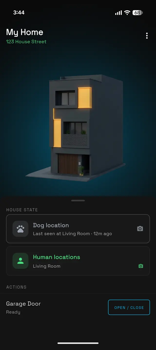 HomeHub dashboard showing a 3D render of the house, presence cards and garage door control