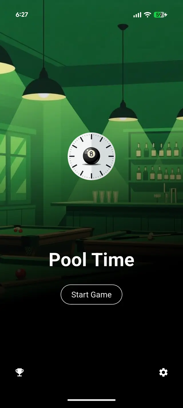 Pool Time title screen with 8-ball clock over a moody pool hall