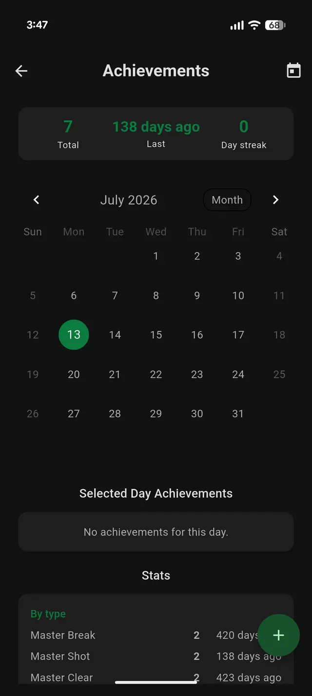 Pool Time achievements calendar with streaks and stats