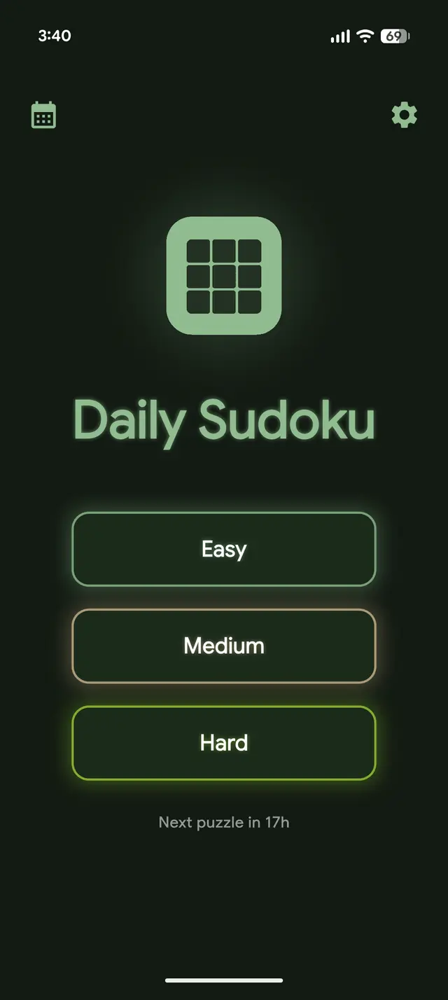 Daily Sudoku home screen with glowing Easy, Medium and Hard buttons