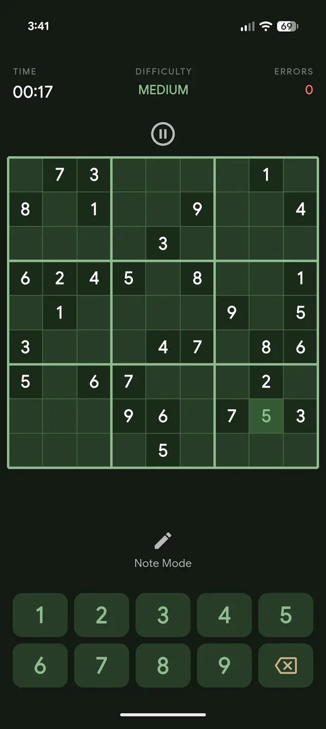 Daily Sudoku medium puzzle in progress in the Olive theme